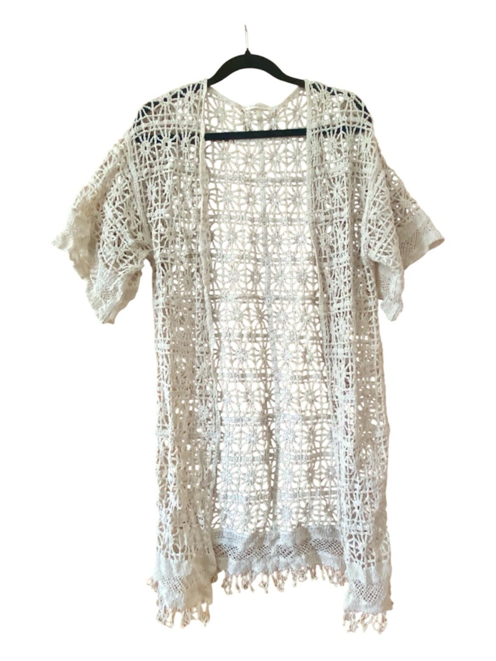 Do Everything In Love Crochet Kimono Ivory Cotton Fringe Beach Cover Up OS